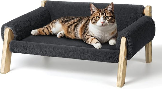 Elevated Cat Couch Bed for Indoor Cats - Wooden Pet Sofa with Removable Washable Thick Cover Raised Kitty Lounge Chair Suitable for Puppy or Small Animals(Cat Sofa Dark-Grey)