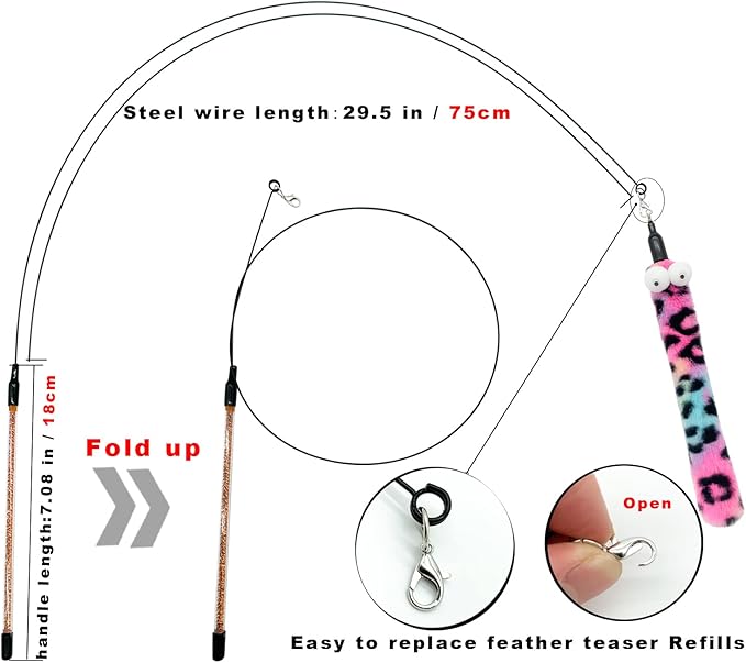 Cat Feather Toys, 1 Elasticity Cat Toy Wand and 8 Pieces Feathers Worms Refill, Interactive Teaser Cat Wand Toy for Indoor Cats Play Exercise