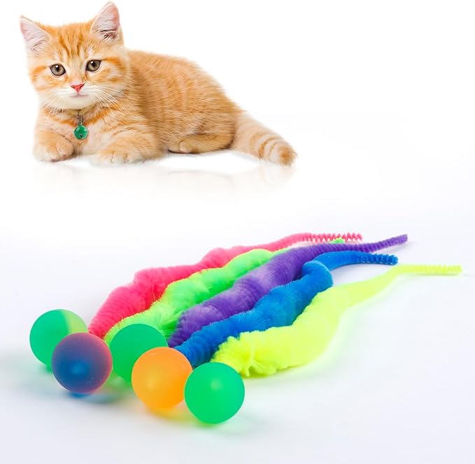 Bouncy Balls for Cats 5 Pack，Fuzzy Worm Cat Worm Toys with Ball，Magic Worm Bouncy Ball with Tail Cat Toy