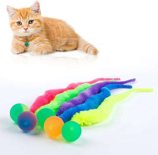 Bouncy Balls for Cats 5 Pack，Fuzzy Worm Cat Worm Toys with Ball，Magic Worm Bouncy Ball with Tail Cat Toy