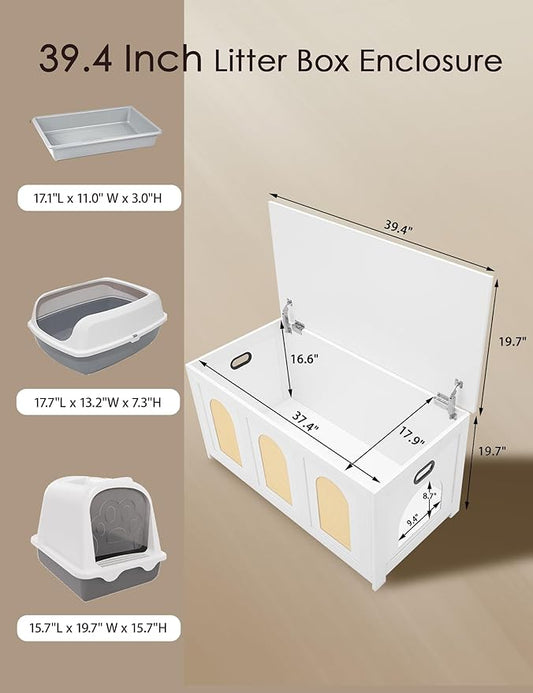 DINZI LVJ Cat Litter Box Enclosure, Flip Top Litter Box Furniture, Rattan-Like Hidden Cat Washroom, Wooden Pet House, End Side Table, 39.4" L x 19.7" W x 19.7" H, Easy to Assemble, White with Rattan