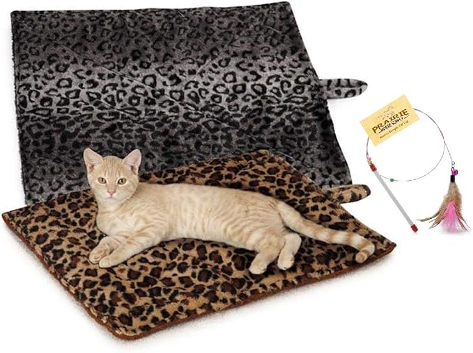 Prairie Horse Supply Quality Thermal Cat Mat and Free Cat Toy (Beige Leopard) (1 Mat) Cozy Self Heating Warming Kitty Kitten Puppy Small Dog Bed, Reversible Washable Pad, No Electricity