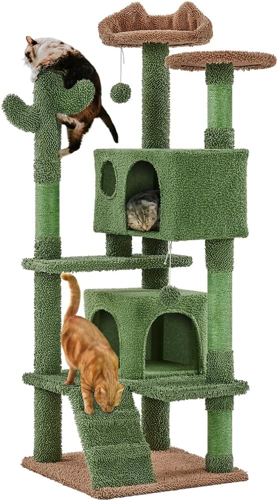 Yaheetech Cactus Cat Tree, 54.5in Tower w/Ramp, Animal-Ear Shaped Perch, Scratching Posts, Platform & Hanging Ball, Multi-Level Condo for Indoor Kittens, Green/Brown