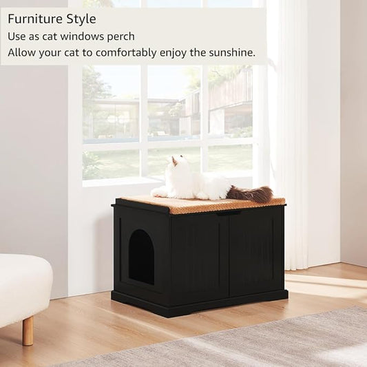 unipaws Black Cat Litter Box Enclosure Furniture, Kitty Hidden Cover, Concealed Dog Proof Litter Boxes Cabinet, Hideaway Litter Box, Cat House