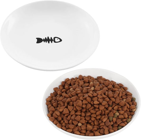 Cute Fish Bone Design Cat Bowls - Wide & Shallow Ceramic Feeding Dishes for Wet & Dry Food, Kittens to Cats
