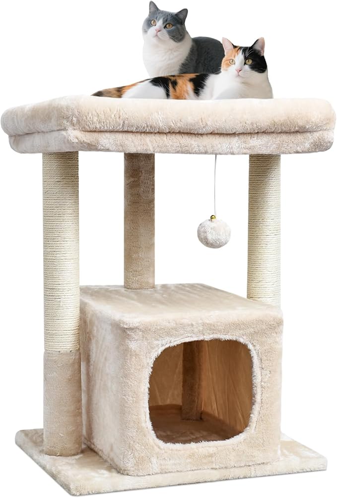 SYANDLVY 27" Cat Tree for Indoor Cats, Activity Tower with Scratching Posts, Modern Kitten Condo with Plush Perch & Hanging Ball for Play, Beige