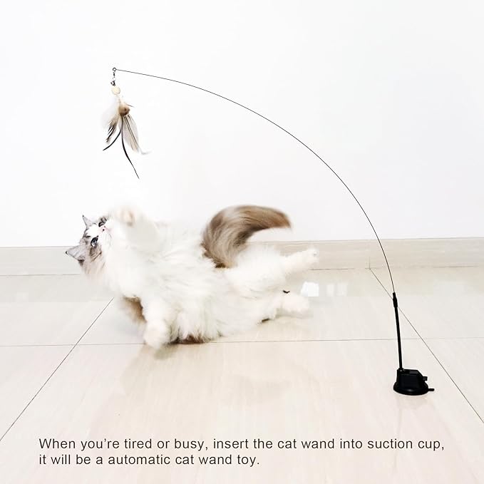 TTcat Cat Wand Toys with Suction Cup, Interactive Bird Simulation Cat Toy Set,Cat Teaser Cat Toys,Flexible Steel Wire and 3Pcs Replacement Feather Refills with Bells.
