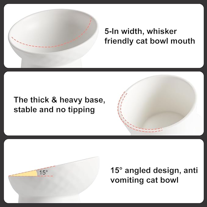 YauYik Small Raised Cat Bowls, Ceramic Tilted Elevated Food or Water Bowls, Stress Free, Backflow Prevention, Dishwasher & Microwave Safe, Lead & Cadmium Free, White