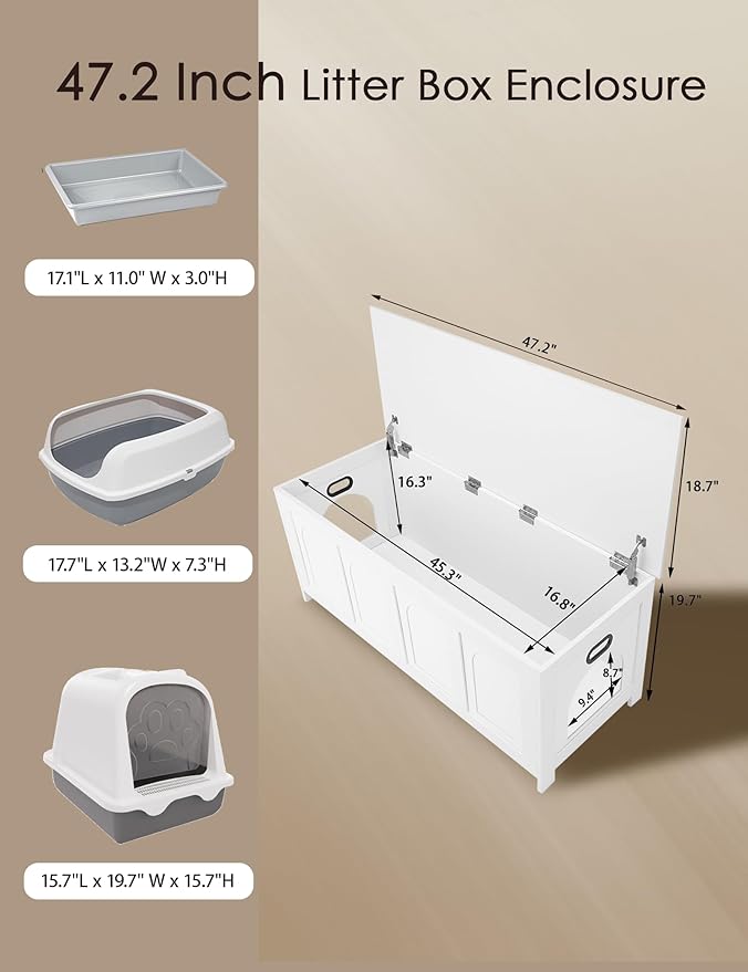 DINZI LVJ Cat Litter Box Enclosure, Flip Top Litter Box Furniture, Hidden Cat Washroom, 2-Entrances Wooden Pet House, 47.2" L x 18.7" W x 19.7" H, End Side Table, TV Stand, Easy to Assemble, White