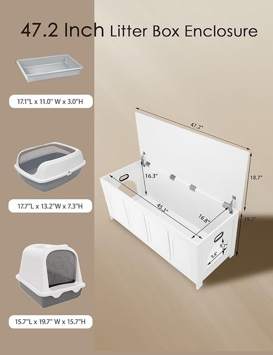 DINZI LVJ Cat Litter Box Enclosure, Flip Top Litter Box Furniture, Hidden Cat Washroom, 2-Entrances Wooden Pet House, 47.2" L x 18.7" W x 19.7" H, End Side Table, TV Stand, Easy to Assemble, White
