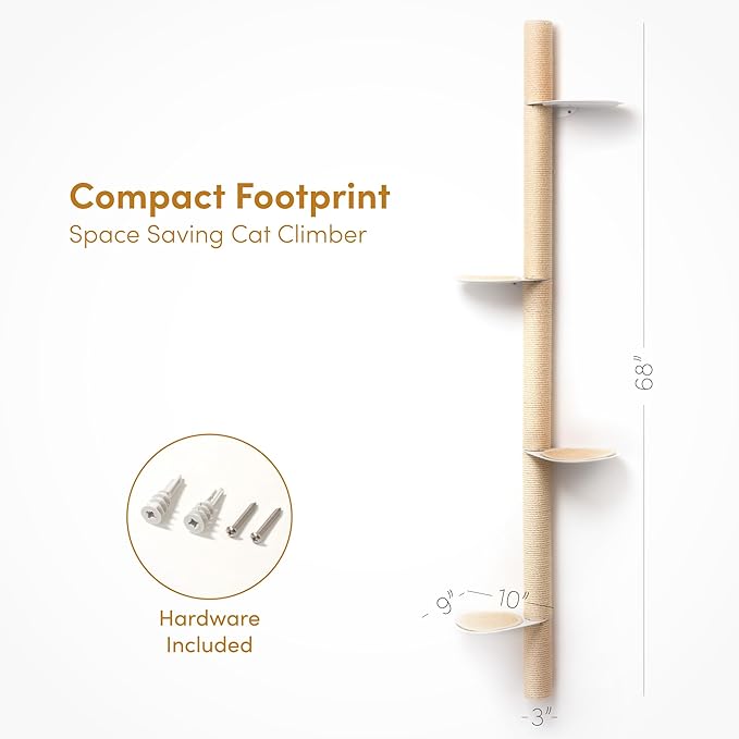 68" Tall Wall-Mounted Cat Tree – Modern Space-Saving Cat Shelf with Sisal Scratching Post & Steel Climbing Steps – Stylish Cat Wall Furniture for Small Spaces