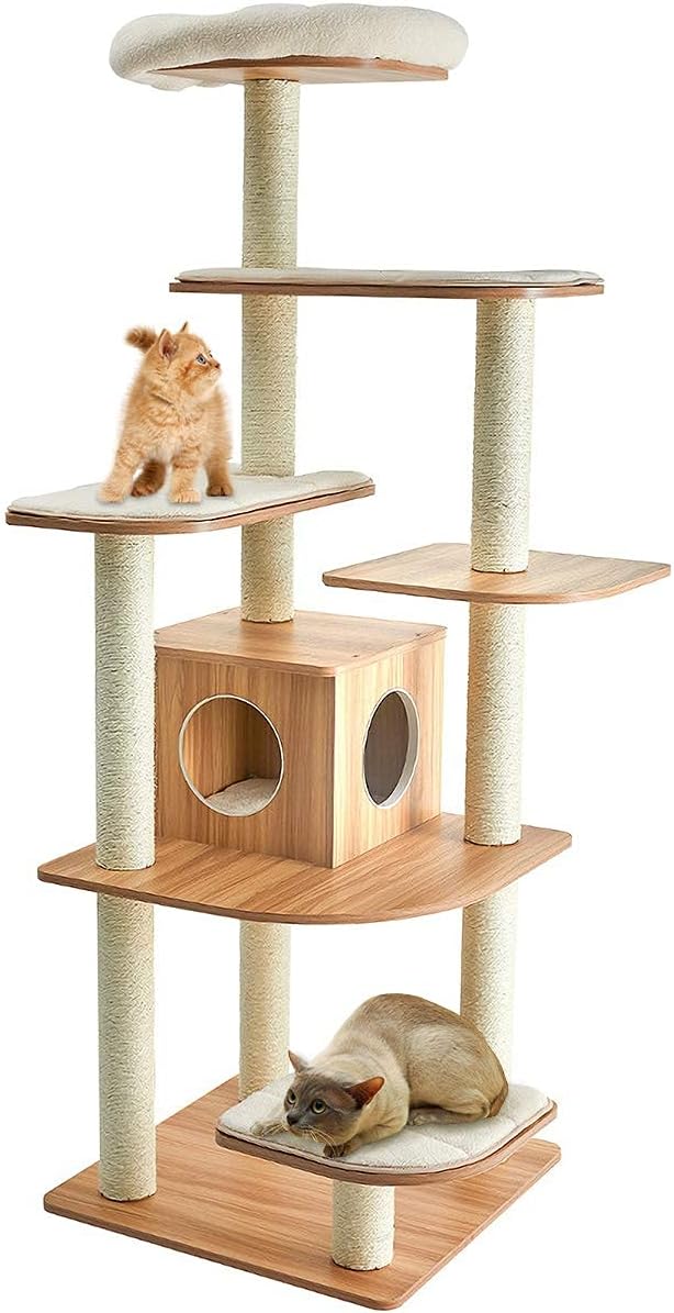 Tangkula Tall Cat Tree, 69-Inch Modern Cat Tower with Sisal Rope Scratching Posts, Wood Cat Tree with Multi-Layer Platform, Cat Condo Furniture with Washable Cushions for Indoor Cats Large Adult
