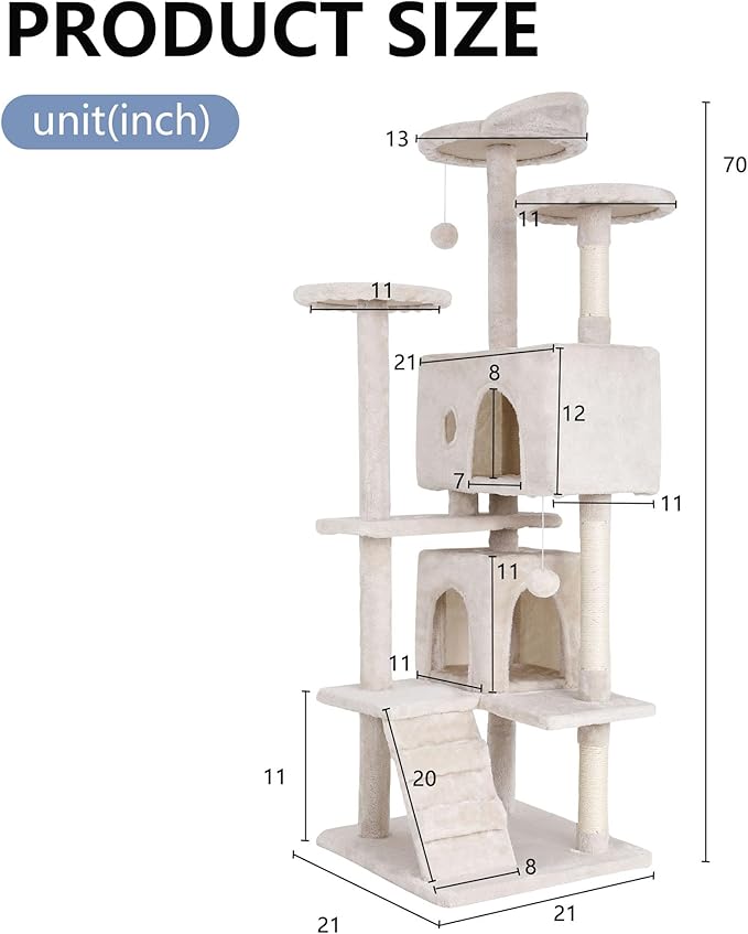 BestPet 70in Cat Tree Tower for Indoor Cats,Multi-Level Cat Furniture Activity Center with Cat Scratching Posts Stand House Cat Condo with Funny Toys for Kittens Pet Play House (Cream, 70in)