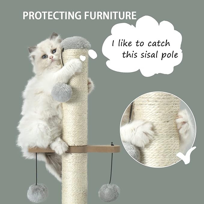 PAWSFANS Cat Scratching Post,Small Scratch Post for Indoor Kittens and Small Size Cats,with Hanging Ball Toys,21inches,Grey
