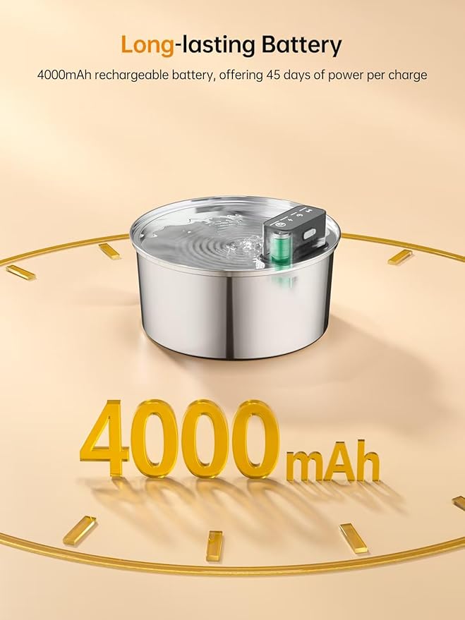 Wireless Cat Water Fountain, Stainless Steel Cordless Cat Fountain, 108OZ/3.2L Automatic Pet Water Fountain, 4000mAh Battery Operated Water Dispenser with Motion Sensor for Cats, Dogs Indoor Drinking