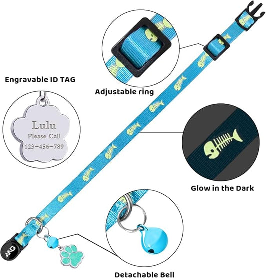 Personalized Breakaway Cat Collars Glow-in-The-Dark with ID Tag, Bell - Safety Quick - Release, Customizable for Female Male Kittens & Cats (Blue)