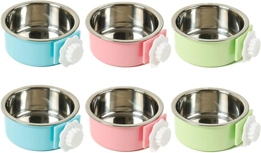 kathson Crate Dog Bowl, Removable Stainless Steel Hanging Pet Cage Bowl Food & Water Feeder Coop Cup for Cat, Puppy, Birds, Rats, Guinea Pigs 6pcs Large(2×Blue,2×Green,2×Pink)
