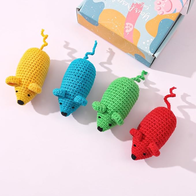 4Pcs Catnip Toys Crochet Mice Toys,Yarn Mouse Toys for Cats Cat Nip Mouse Toys Safe Teeth Cleaning Animals Chew Toy for Indoor Interactive Kittens Toy
