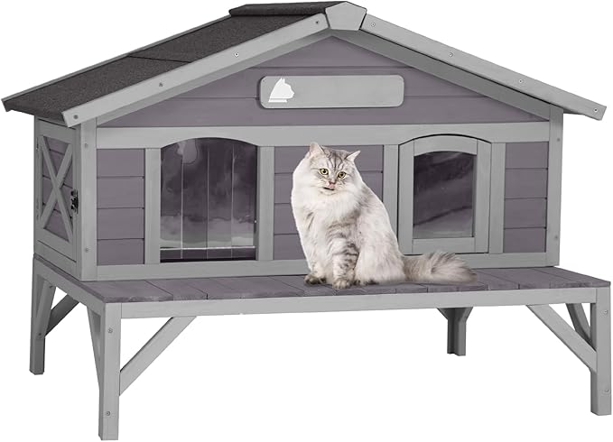 Outdoor Cat House for Feral Cats, Wooden Cat Shelter with Weatherproof Roof and Large Balcony