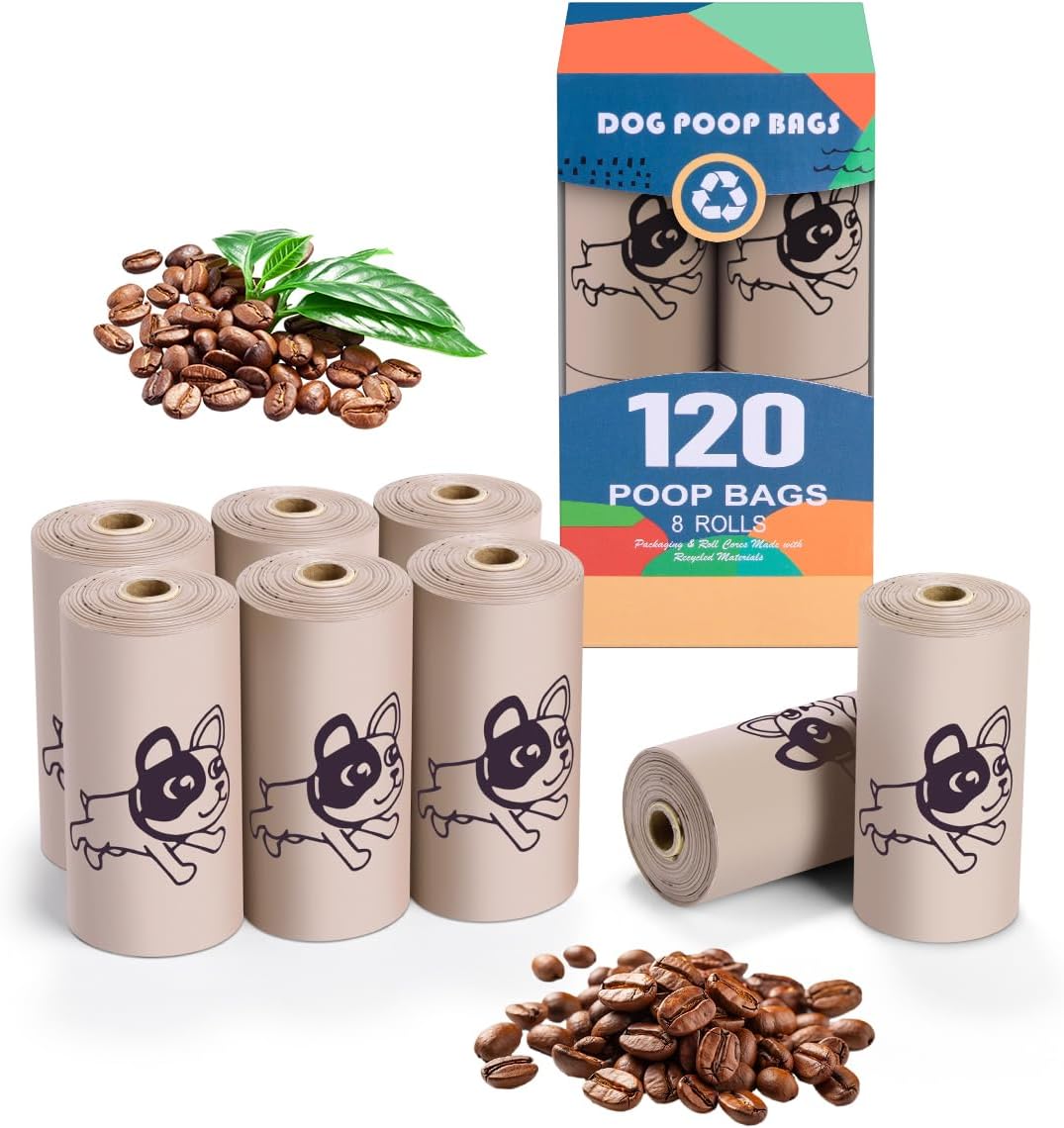 Coffee Dog Poo Bags Coffee scent - 120 Large Biodegradable Poop Bags, Extra Thicken Strong Corn Starch Blended Compostable Leak Proof Poop Waste Bag for Dogs