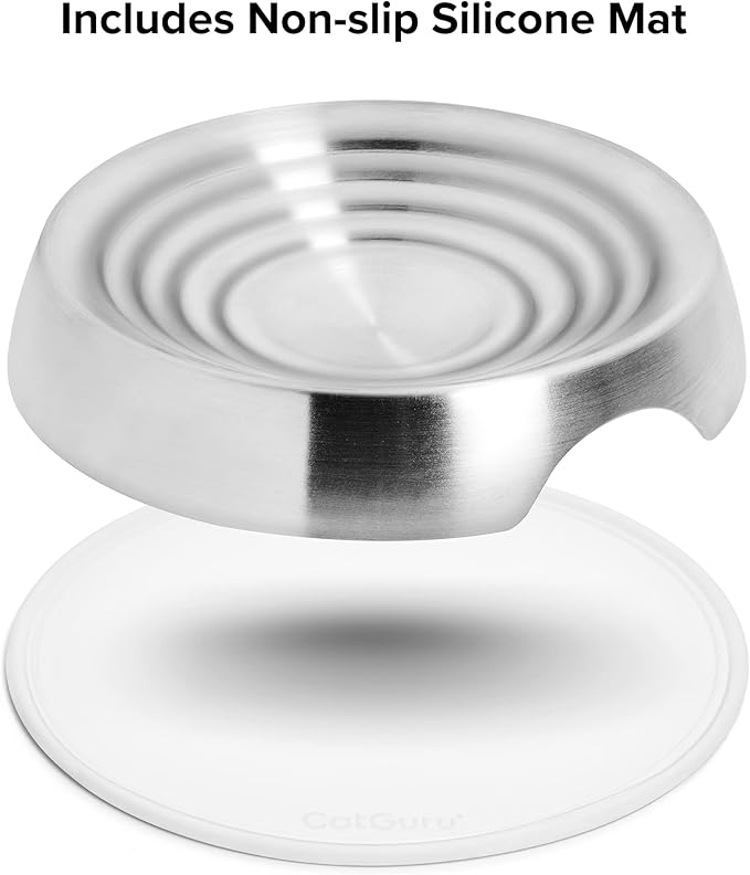 CatGuru Cat Bowls, Whisker Friendly Cat Food Bowl for Indoor Cats, Reliefs Whisker Fatigue, Wide Pet Bowl, Non Slip Pet Feeding Bowls, Shallow Kitten Dish (Set of 2, Stainless Steel)