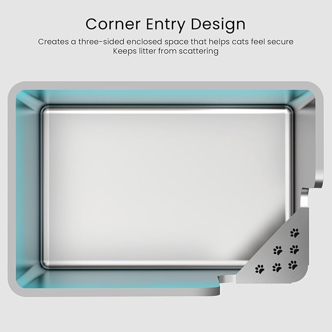 Stainless Steel Litter Box 14.5" High-Side, XL Metal Cat Litter Box, Corner Opening Entry Pet Toilet, Cat Litter Pan with Wheels, Easy to Move, Non-Stick, No Odor, for Big or Multiple Cats