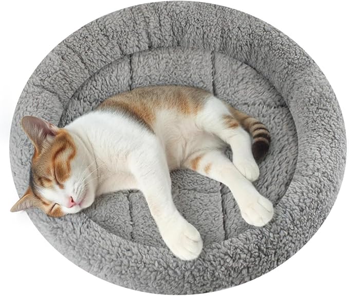 Enjoying Small Cat Bed Mat, 13.78" Round, Self Warming Cat Mat with Pillow Around, Dog Kitty Curling Sleep Cushion, Soft Kitten Pad for Carrier/Crate, Rabbit Warm Bed, Antiskid Bottom, Small