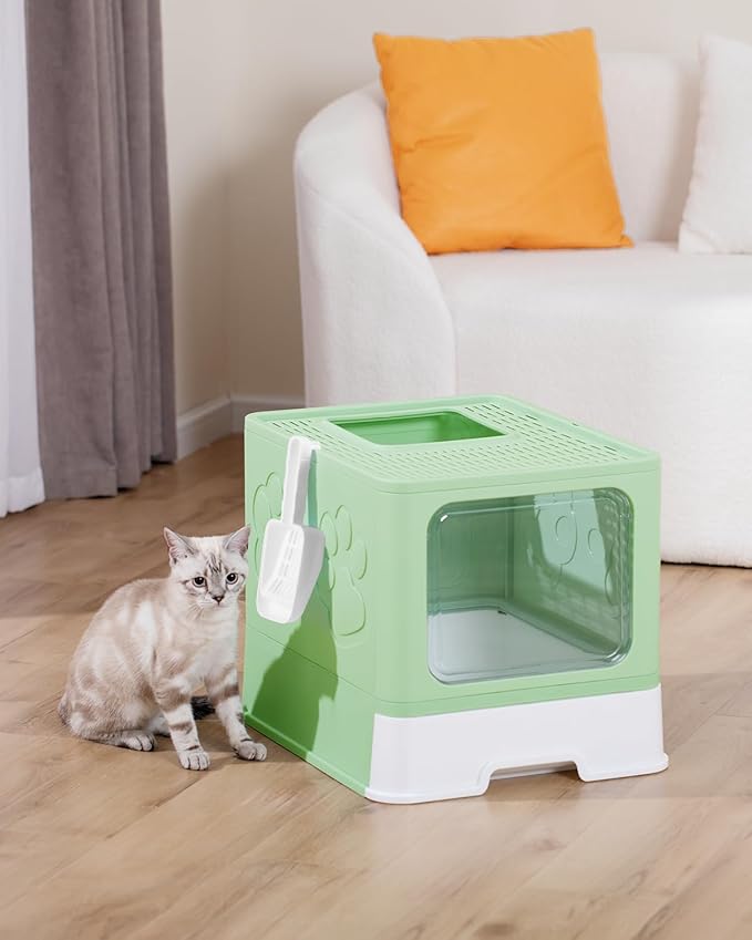 Enclosed Cat Litter Box, Large Litter Box for Big Cats, Covered Kitty Litter Boxes with Lid, Top Entry Cat Box Enclosure with Scoop, Odor Control, Easy to Clean(Green)