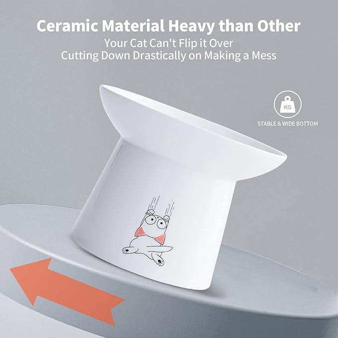 OMAYKEY 6.5 Inch Extra Wide Ceramic Raised Cat Bowls, Upgraded Elevated Porcelain Cat Food Water Bowl Dish, Stress Free Pet Feeder Bowls Dishes for Elder Big Cats & Small Dogs, White