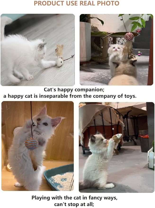 Cat Teaser Wand Toys with Feathers and Bells, Interactive Mouse and Bell Design,Interactive Toys 5-Piece Set for All Breed Sizes