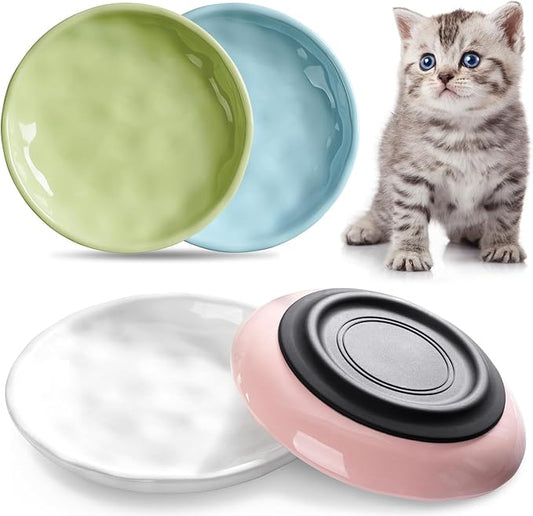 Non-Slip Cat Food Bowl,Healthy Ceramic Cats Bowls with Silicone Bottom, Anti-Whisker Fatigue Cat Dishes Set, Shallow & Wide Kitten Plates for Food and Water, 4 Pack