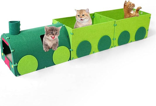 Cat Tunnel Train with Scratching Board, Cat Interactive Toys 51" Non-Foldable Rebound Felt Cute Pet Tube Round Indoor Pet Toy & Hideout for Small Medium Kitten