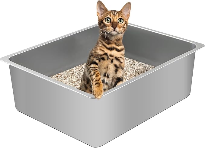 Stainless Steel Cat Litter Box - Medium to Large Indoor Metal Litter Pan Tray, High Sided, Easy to Clean No Stick Rustproof Odorless Pet Toilet for Cats Kitty Rabbit (Silver, 17.7" x13.8" x6")