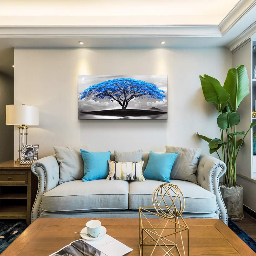 canvas wall art for living room bathroom Wall Decor Black and white landscape Blue tree moon painting to Hang Home Decorations for office bedroom kitchen Works canvas Prints pictures 20" x 40"inch