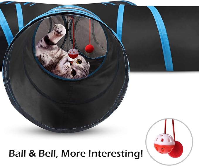 Pawaboo Cat Toys, Cat Tunnel Tube 5 Way Tunnels 25x53cm Extensible Collapsible Play Tent Interactive Toy Maze Cats House with Balls and Bells for Cats Kitten Kitty Rabbit Small Animal, Blue
