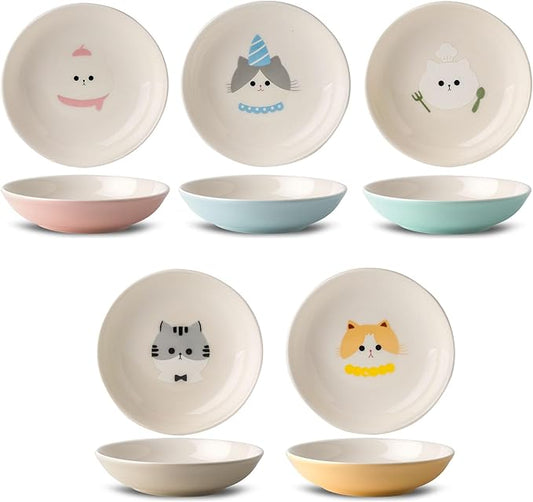 Ceramic Cat Bowls Set - 5.5 inch Wide Cat Food Bowls Whisker Fatigue Friendly, 5 Colorful Kitten Dish Plates with Cute Pattern for Wet and Dry Food Water