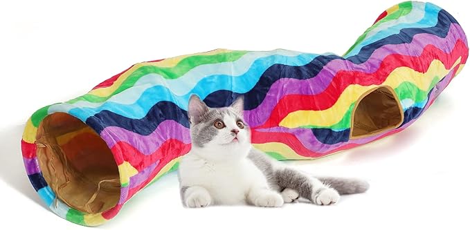 LUCKITTY Cat Tunnel - S-Shaped, Rainbow Wave Color, Soft Velvet Exterior, Oxford Fabric Fog-Proof Interior, Plush Toy Ball, Easily Washable, Conveniently Foldable, 47.2in/120cm