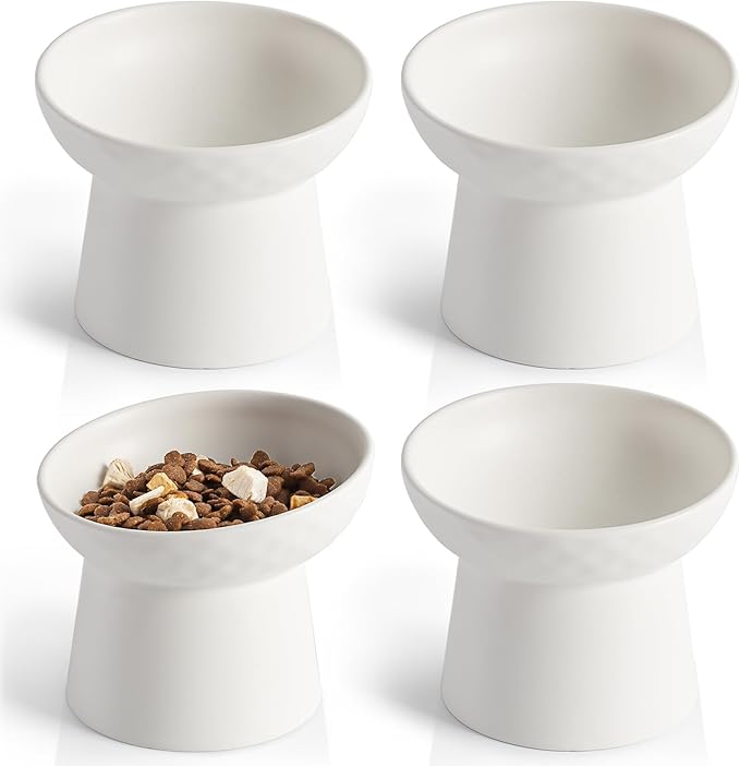 YauYik 4 Pcs Ceramic Raised Cat Bowls, Tilted Elevated Cat Food Bowl, Stress Free, Whisker Fatigue, Backflow Prevention, Dishwasher and Microwave Safe, Food and Water Feeding Bowls Set, White