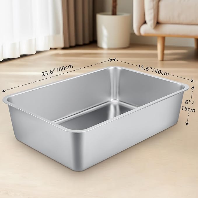 Extra Large Stainless Steel Cat Litter Box for Large Cats - 23.6"x15.6"x6" High-Sided Metal Tray, Anti-Splash & Odor Resistant, Durable Rustproof Design, Easy to Clean