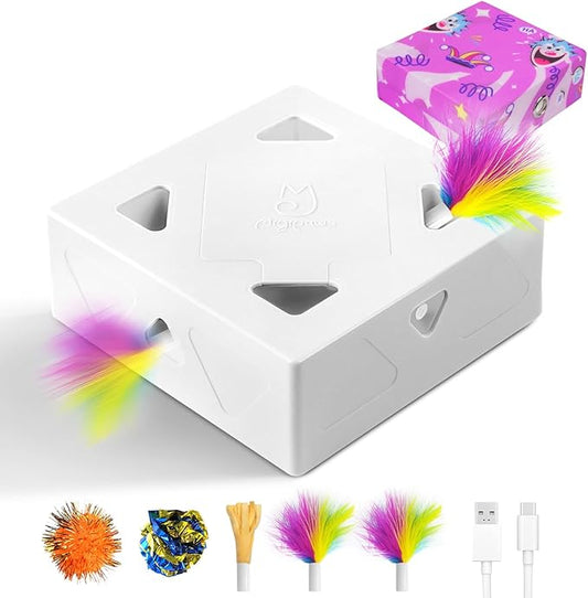 Migipaws Automatic MigiBox Cat Toys 3 n1 Interactive Pounce Mystery Under PopSkin 7 Holes Cardboard Kitten Toys for Indoor Rechargable 6 Accessories(Purple)