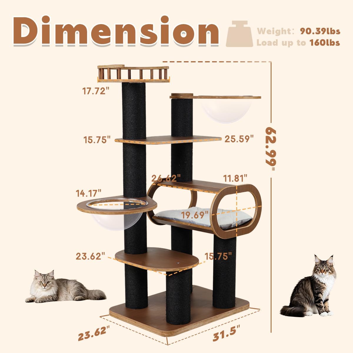 63'' Modern Cat Tree, Black Cat Tower with Scratching Post, Wooden Cat Tree for Indoor Cats Large Adult, Luxury Cat Furniture, Heavy Duty Activity Center with Transparent Bowl and Semi-Closed Condo