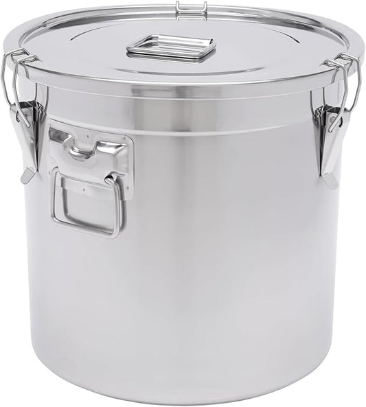 DYNAMI 8.7Gal 304 Stainless Steel Airtight Container with Lid and Locking Clamp,28-60Lbs Metal Bucket Large Food Storage Container Stainless Steel Milk Can,for Rice, Flour,Oil,Soup(33L)