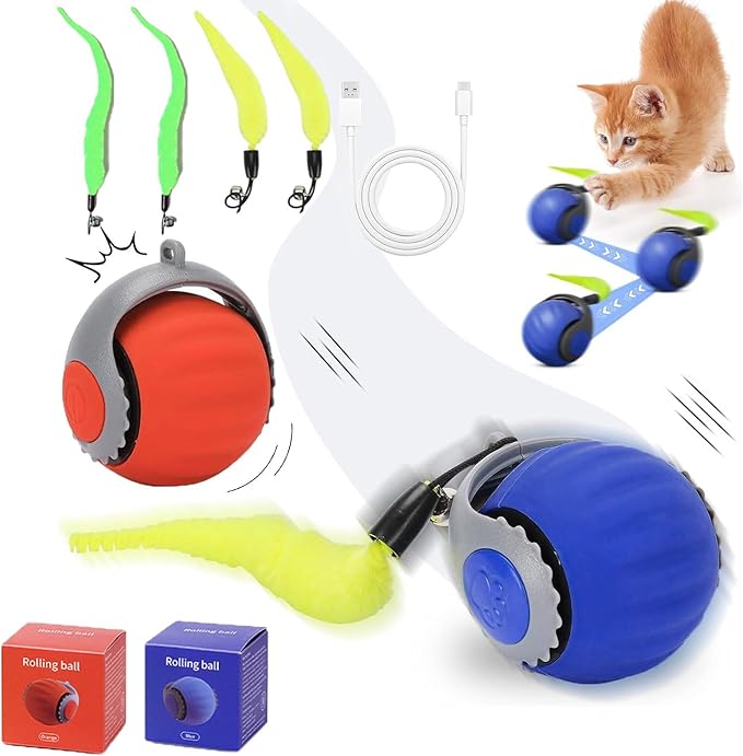Interactive Cat Ball Speedy Tail 3.0 Pet Toy Rolling Ball, Interactive Toys for Indoor Cats, 360° Smart Automatic Dog Kitten Toy Turbo Tail Electronic Bouncing Balls Extra Tails (Blue&Red)