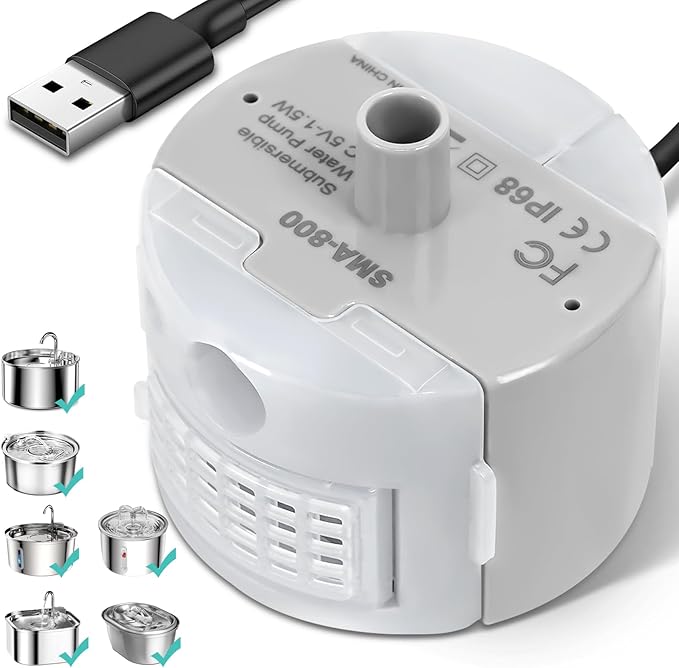 Ultra-Quiet Replacement Pump for Stainless Steel Cat Water Fountains - SMA-800 Motor - Safe and Easy to Clean with Low Voltage DC 5V and USB Cable (Side Suction Pump)