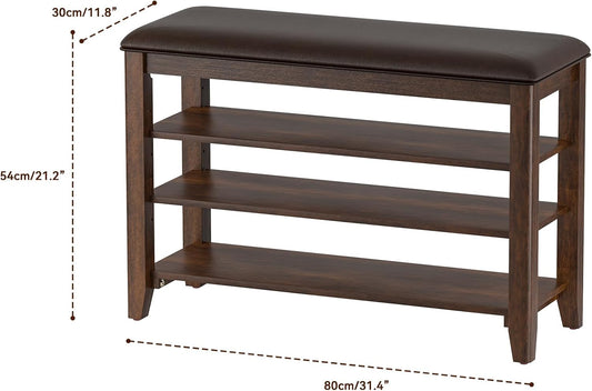 Entryway Shoe Storage Bench with Leather Cushion, Shoe Organizer Bench for Entryway, Ideal for Hallways Front Doors Entrances Mudrooms Featuring Rubberwood And 3 Height-Adjustable and Removable Shelve