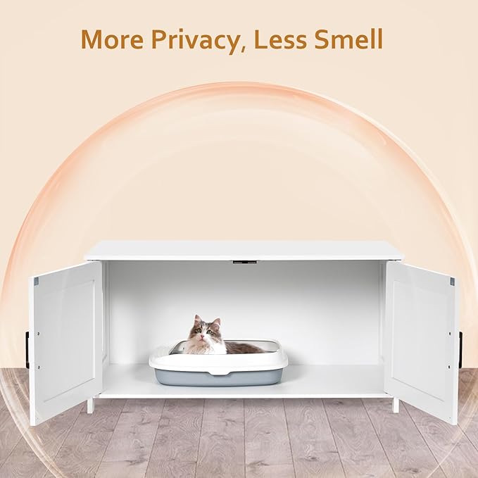 Homhedy 39.4" L Cat Litter Box Enclosure, Pet House with Barn Door, Wooden Cat Washroom Furniture, Fit Most of Litter Box, White