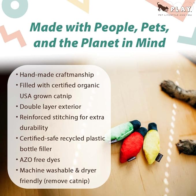 P.L.A.Y. Cute Cat Toys - Holiday & Christmas Themed Organic Catnip Filled Toy, Great for Adult Cats and Kittens - Machine Washable, Recycled Material, Crinkle (Kitty Delights Holiday Lights, Set of 3)