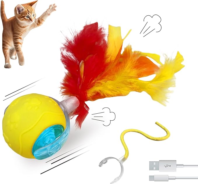 Automatic Cat Toy - Interactive Self-Moving Ball with Feather & Speedy Tail 3.0 Design, Electric Chase Toy for Cats, USB Rechargeable, Smart Obstacle Avoidance (Yellow, Feather)