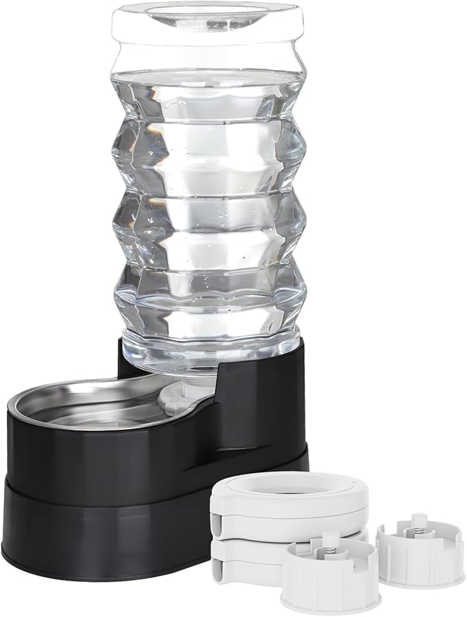 RIZZARI Upgraded Automatic Dog Water Dispenser: 9L Black Gravity Large Stainless Steel Raised Pet Fountain with Filter - Includes 2 Extra Filters & 2 Bottle Caps - Pet Feeder for Dogs Indoor Outdoor