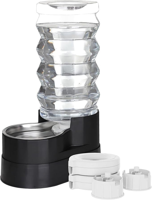 RIZZARI Upgraded Automatic Dog Water Dispenser: 9L Black Gravity Large Stainless Steel Raised Pet Fountain with Filter - Includes 2 Extra Filters & 2 Bottle Caps - Pet Feeder for Dogs Indoor Outdoor